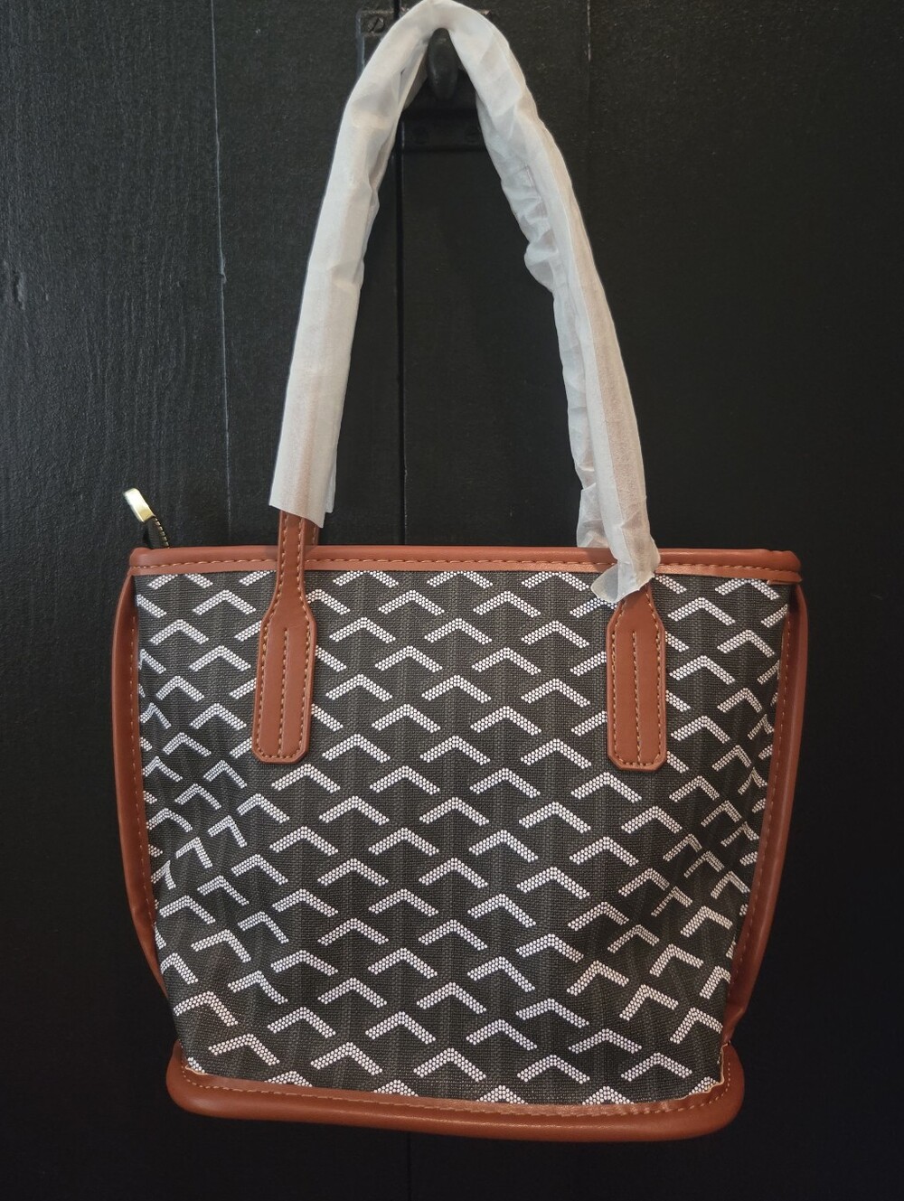 Patterned Black and White Mini Tote Bag with Cognac Trim